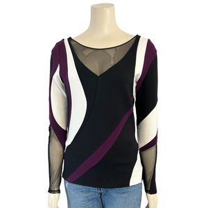Donna Karan Spiral Colorblock Long Sleeve Mesh Top‎ Womens Small NWT MSRP $295